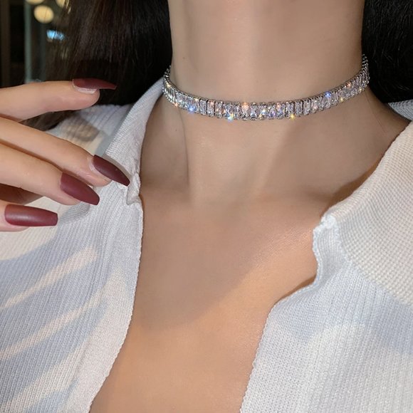 Diamond CZ Rectangle Baguette Tennis Necklace 113 - Picture 2 of 8